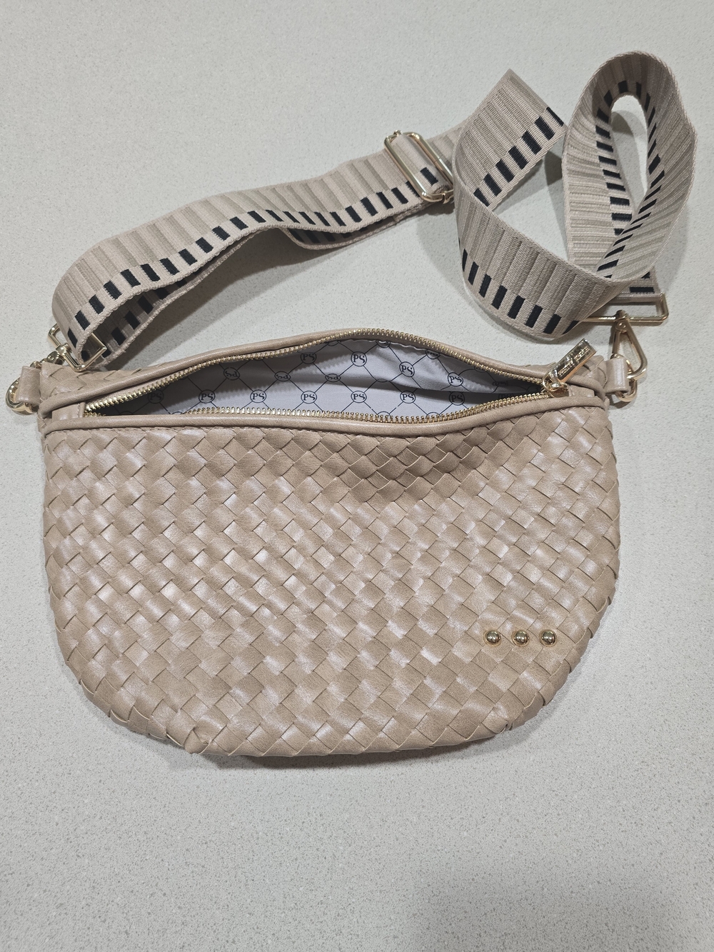 Woven Beige Crossbody Bag with Removable Striped Strap